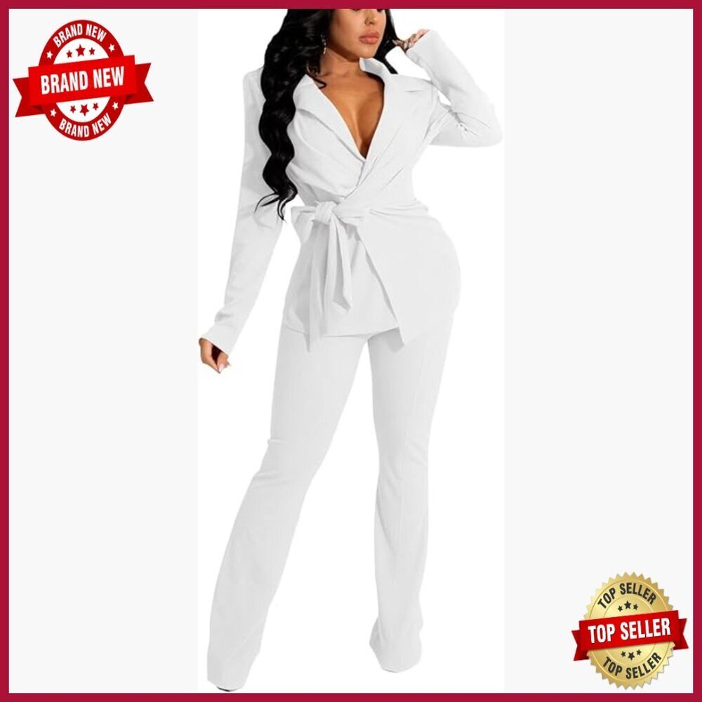 Professional Women's 2-Piece Pant Suit Set with Belt, Polyester Spandex